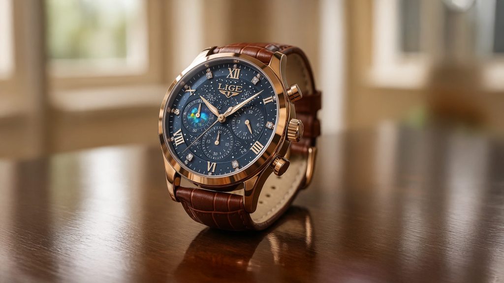 Elegant LIGE chronograph watch with a blue dial, rose gold case, and brown leather strap displayed on a polished wooden surface.
