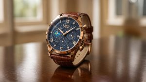 Elegant LIGE chronograph watch with a blue dial, rose gold case, and brown leather strap displayed on a polished wooden surface.