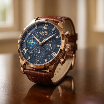 Elegant LIGE chronograph watch with a blue dial, rose gold case, and brown leather strap displayed on a polished wooden surface.