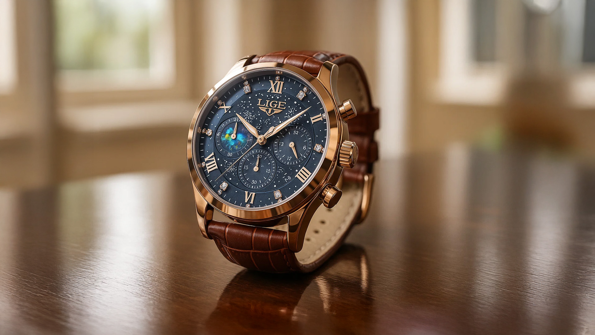 Elegant LIGE chronograph watch with a blue dial, rose gold case, and brown leather strap displayed on a polished wooden surface.