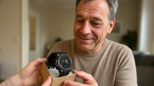 Man smiling as he receives a watch gift, a perfect way to celebrate a special moment.