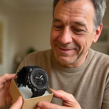 Man smiling as he receives a watch gift, a perfect way to celebrate a special moment.