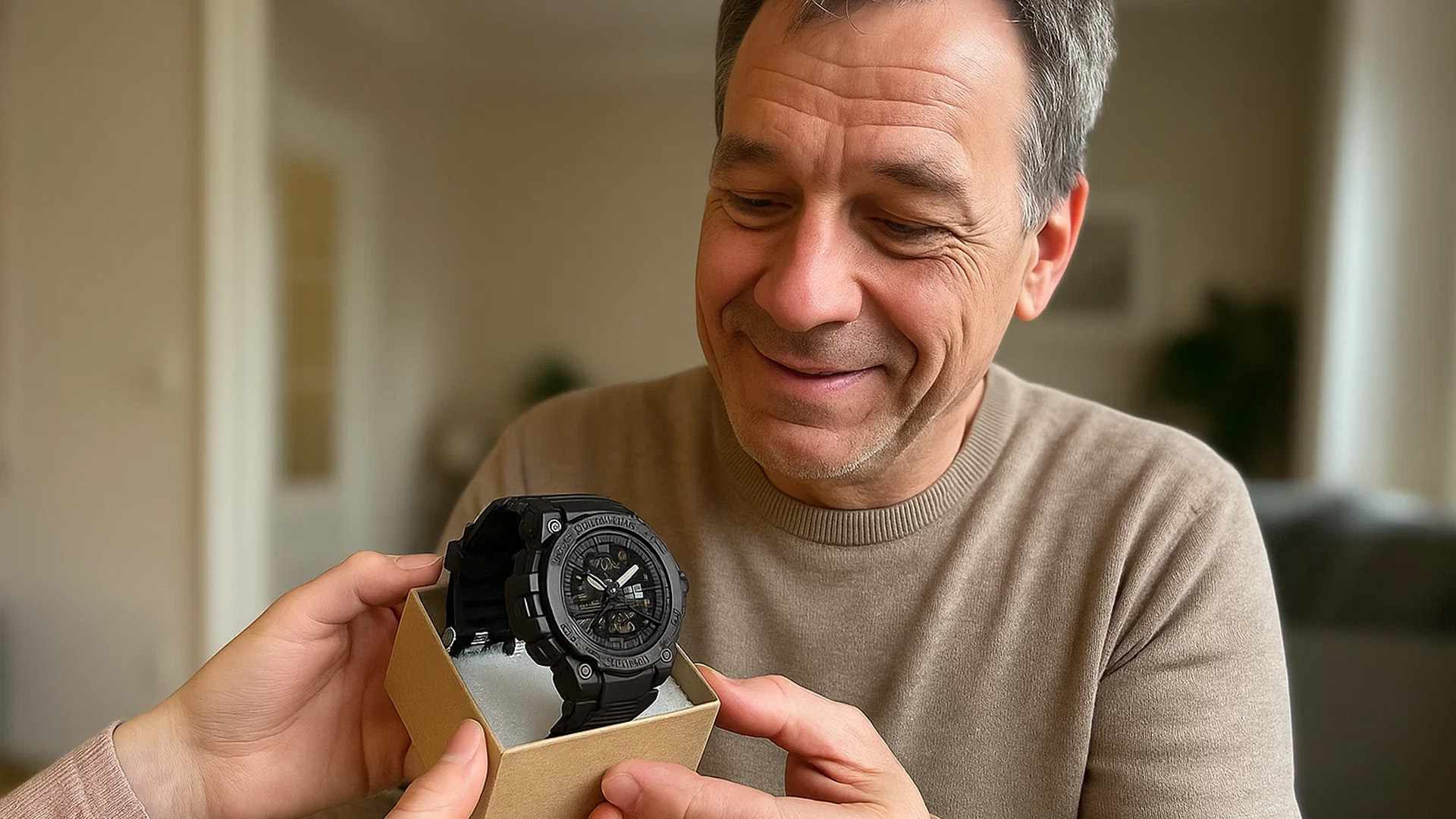Man smiling as he receives a watch gift, a perfect way to celebrate a special moment.