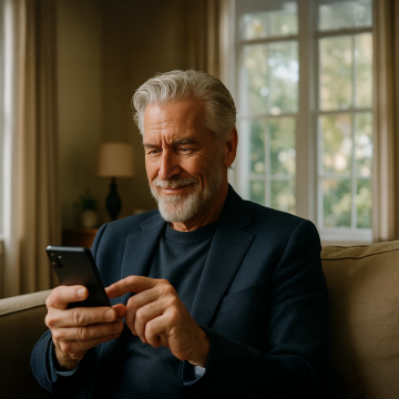 Middle-aged man browsing options on smartphone at home while avoiding the 3 common mistakes in buying buying a watch online.