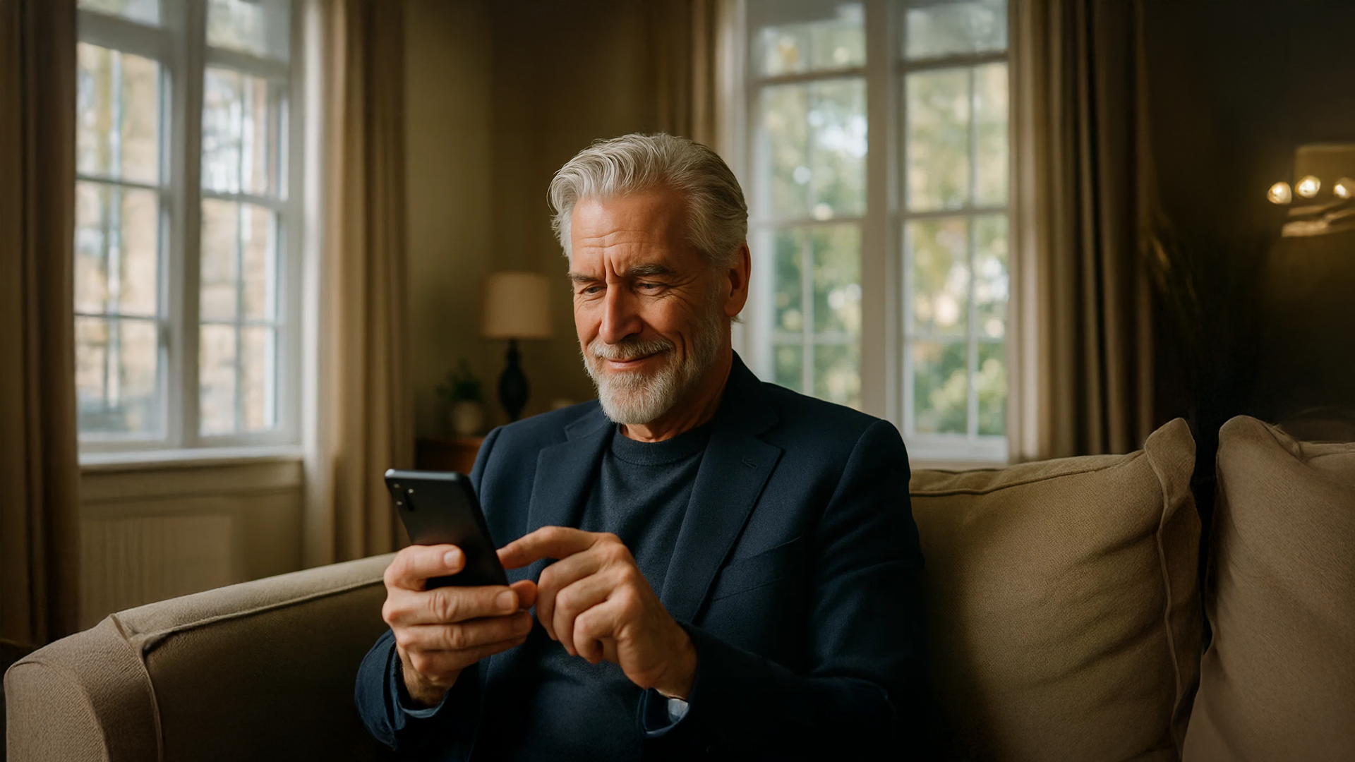Middle-aged man browsing options on smartphone at home while avoiding the 3 common mistakes in buying buying a watch online.