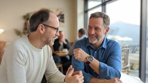 man wearing conversation starter watches while talking to his friend