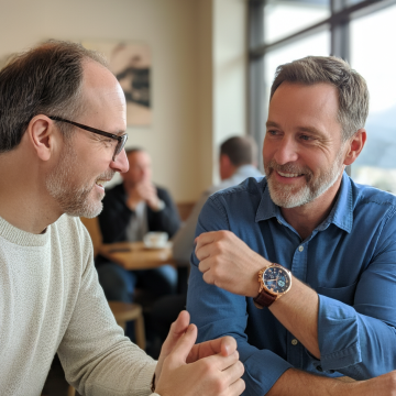 man wearing conversation starter watches while talking to his friend