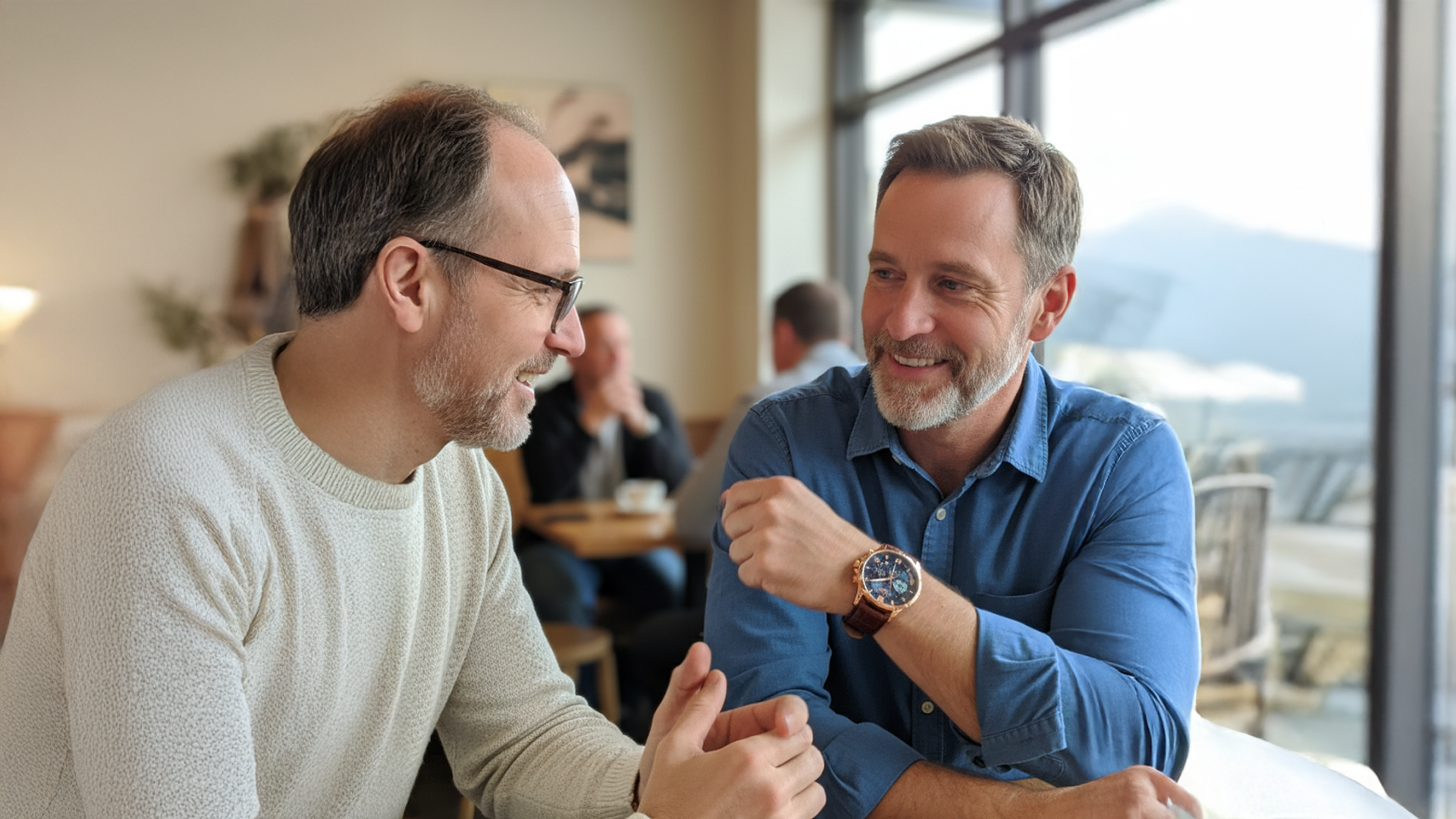 man wearing conversation starter watches while talking to his friend