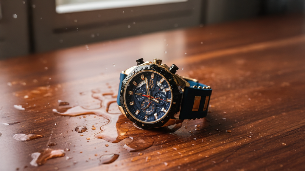 Water-resistant watch on a table